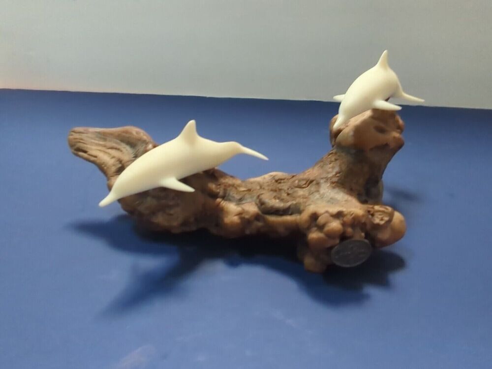 Vintage John Perry 9 In Dolphin Sculpture with Burlwood Base Collectible Figures